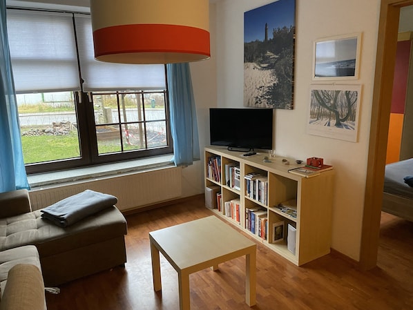 Fernseher, DVD-Player, Bücher, Stereoanlage