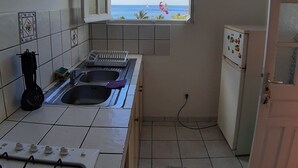 A compact kitchen with a window view of the sea, a gas stove, a sink, and a refrigerator.