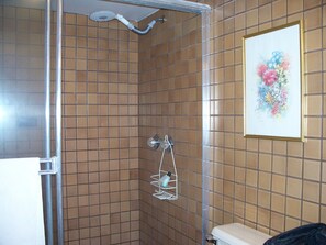 Dusj, hårføner, håndklær og såpe