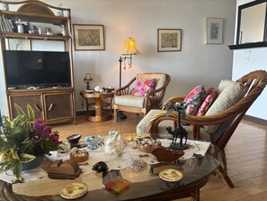 Un salon comprenant un téléviseur, des meubles en osier, une table basse en verre agrémentée d’objets décoratifs et des œuvres d’art encadrées accrochées aux murs.