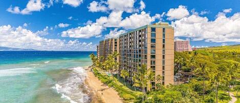 A beachfront hotel with a clear view of the ocean, a well-maintained lawn, and a parking area.