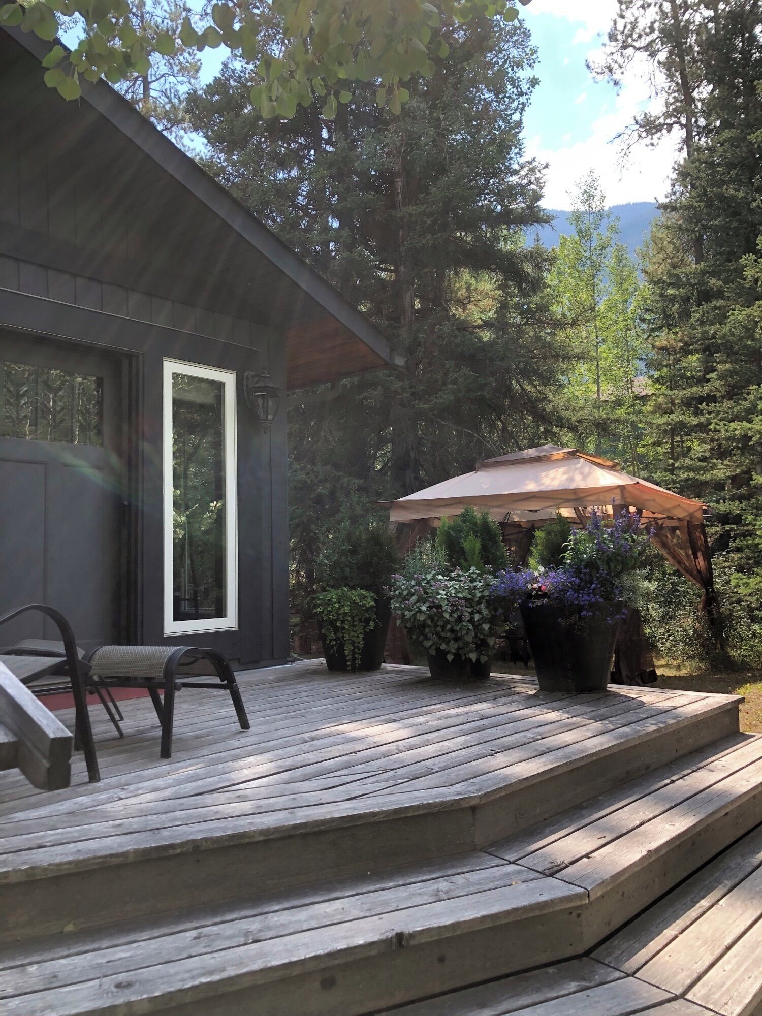 A wooden deck with a covered seating area, potted plants, and a view of a forested area.