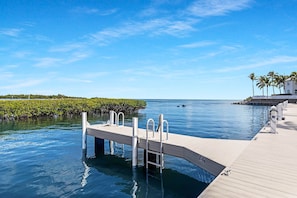 A wooden dock extending into calm waters with a clear sky.