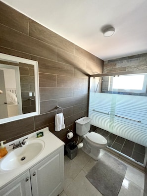 A modern bathroom with a large mirror, white sink, and a toilet. There is a shower area with a glass door and a view of the outside. - Located only minutes from Palm Beaches 3 bedroom 2 bathroom home with large pool (Noord)