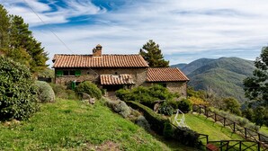 A stone house with a tiled roof, surrounded by lush greenery and hills in the background. - Casa Emma, Near Cortona, Private Pool. BBQ, Stunning views, BBand,Relax, enjoy! (Cortona)