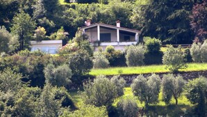 Ein Haus, umgeben von üppiger Vegetation und Bäumen.