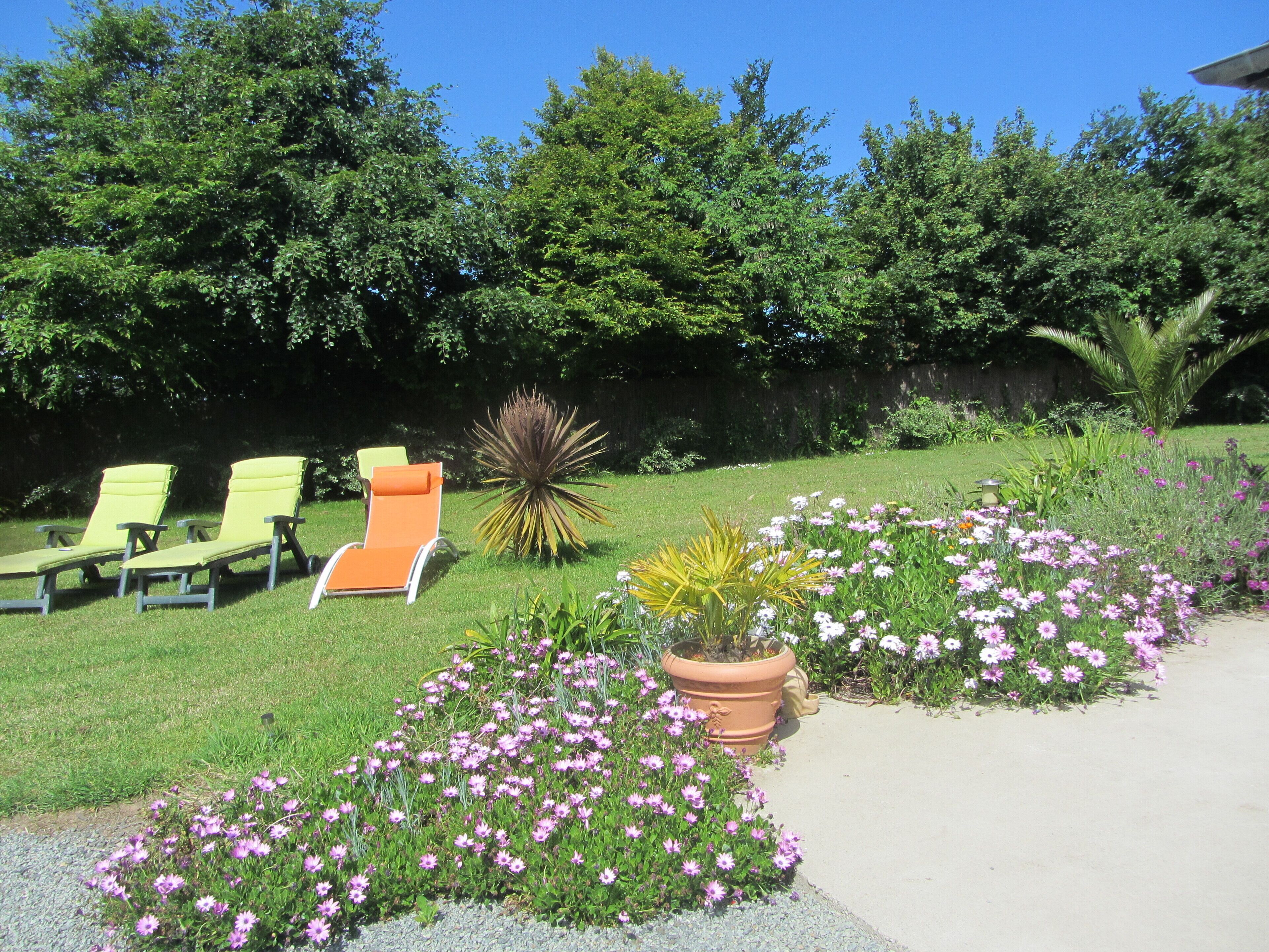 A garden with two lounge chairs, a large potted plant, and a variety of flowers.