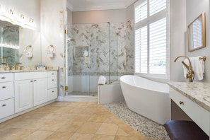 Combined shower/bathtub, jetted bath, hair dryer, towels