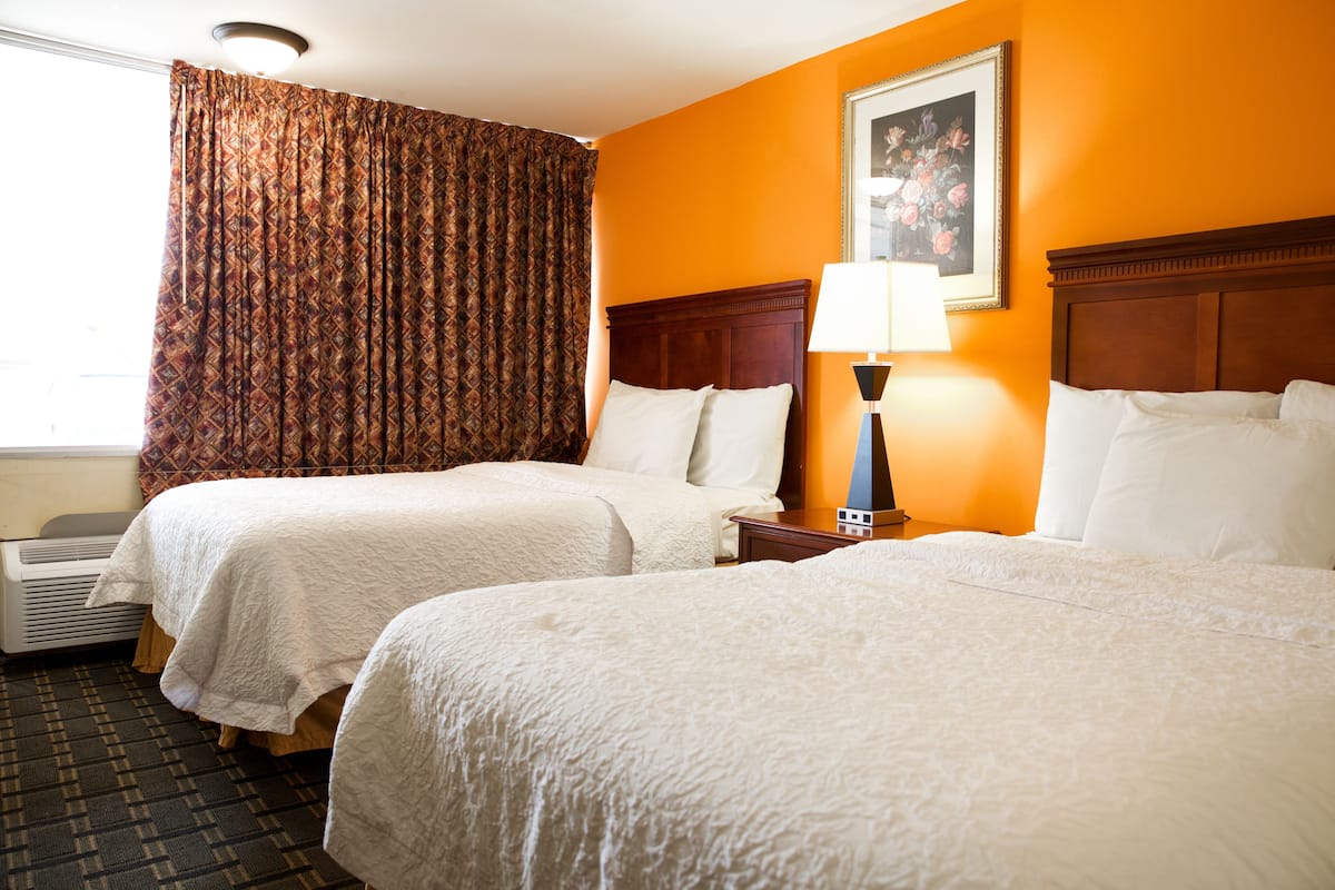 A hotel room with two beds, a large window with curtains, a framed picture on the wall, and a bedside lamp.