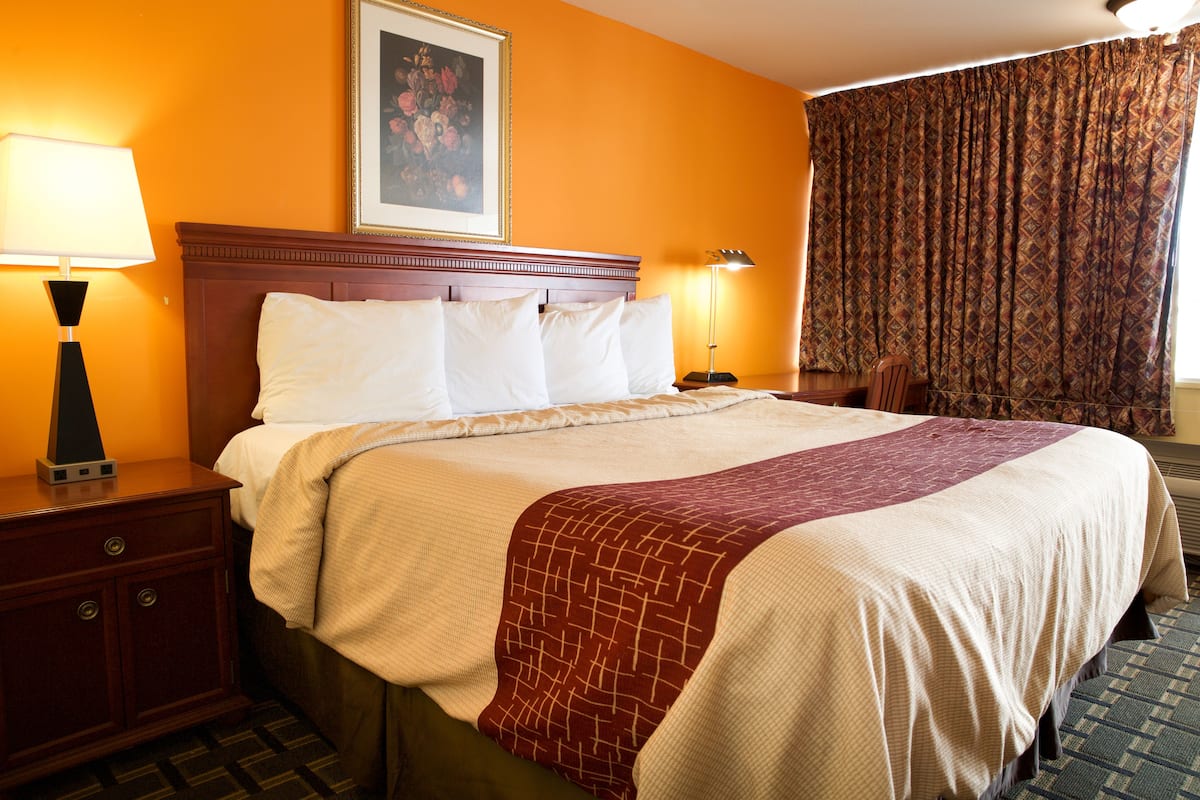 A hotel room with a large bed, a nightstand, a lamp, a framed picture on the wall, and a window with curtains.