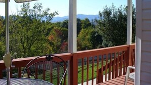 A covered outdoor area with a table and chairs, a view of trees and mountains in the background.