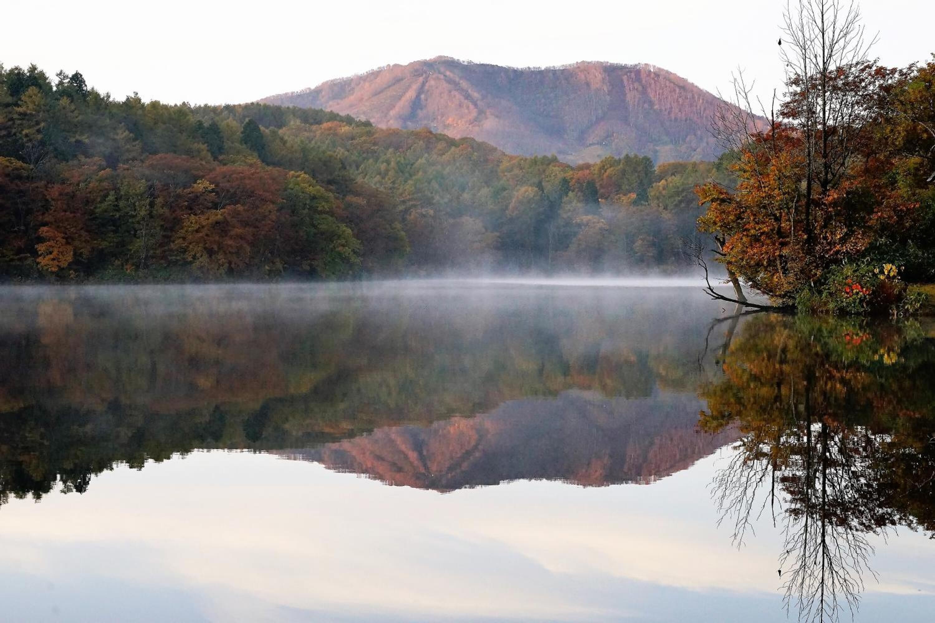 A calm lake with a mountain in the background and trees with autumn foliage.