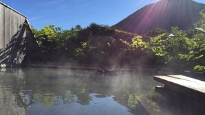 A clear view of a swimming pool with a wooden deck on one side, surrounded by lush greenery and a mountain in the background. - niseko KASHINOYA - Hostel (Kutchan)