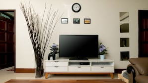 Ein modernes Wohnzimmer mit einem Flachbildfernseher auf einem weißen TV-Schrank, einer Vase mit Zweigen und einem braunen Ledersofa.