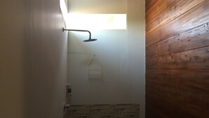 Un baño con ducha, toallero y dispensador de jabón en la pared.