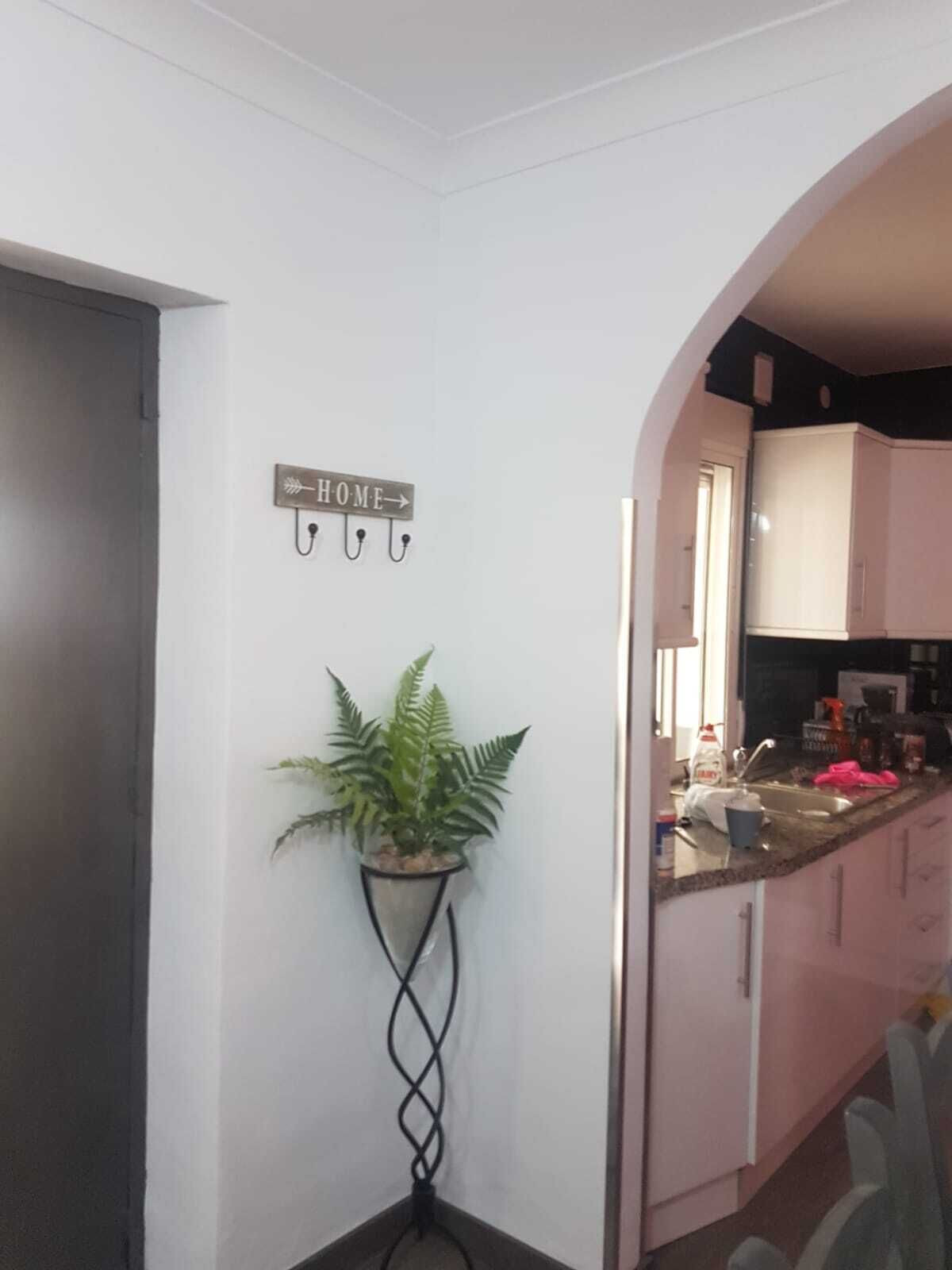 A kitchen with a 'HOME' sign, a potted plant, and pink cabinets.