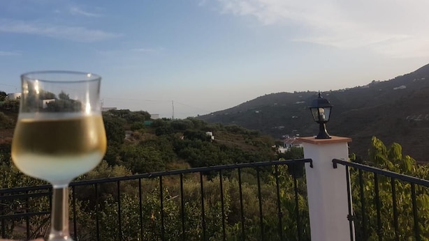 A glass of white wine on a balcony with a view of a hilly landscape. - Torrox campo, country house peaceful location, 10 mins drive from Torrox town (Torrox)