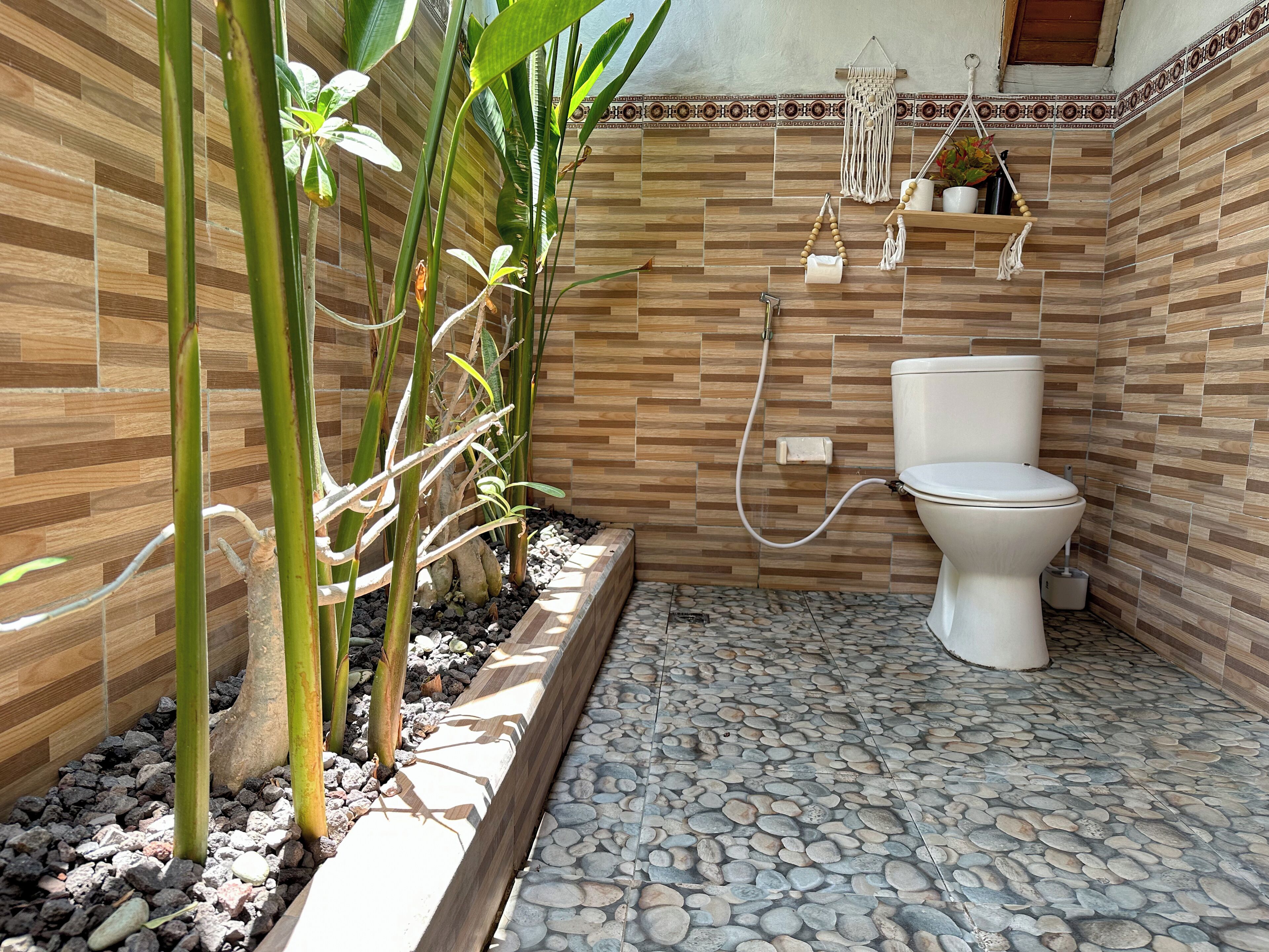 Une salle de bain comprenant des toilettes, une douche et un petit espace dédié aux plantes.