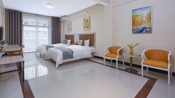 Desk, blackout curtains, free WiFi