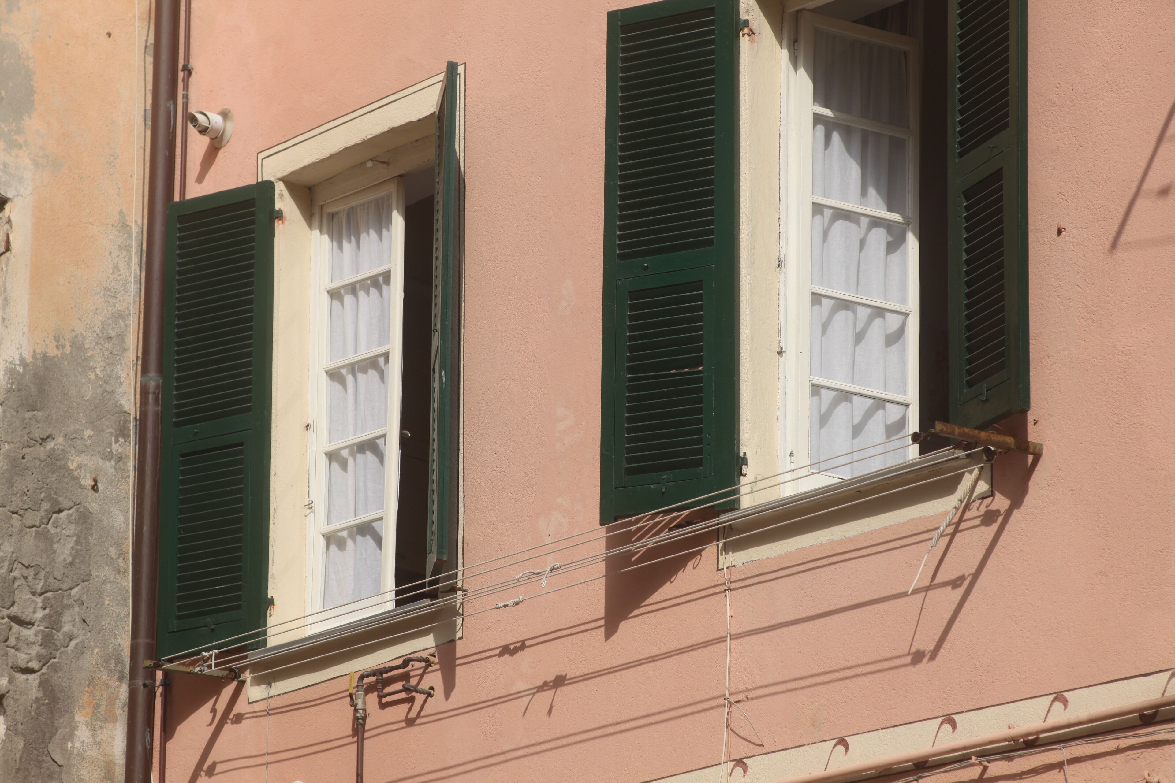 A building facade with two windows, each with green shutters and white frames.