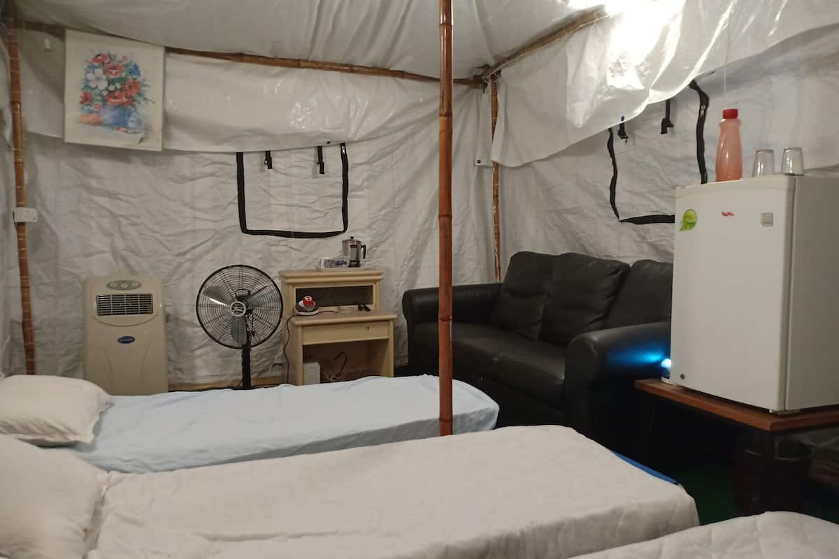 Una habitación con carpa, una cama, un sofá, un ventilador, una mesita con una botella y un refrigerador.