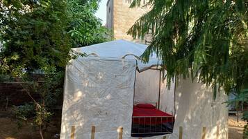 Une petite tente fermée, dotée d’un seul lit et d’une rambarde en métal, entourée d’arbres et d’un mur de briques.