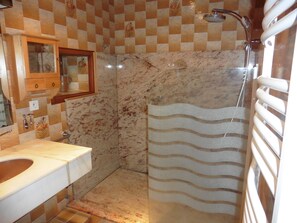 Shower, hair dryer, towels
