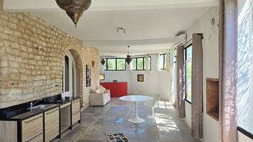 Télévision, cheminée, lecteur de DVD, livres