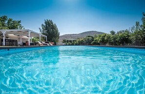 Indoor pool, outdoor pool, sun loungers