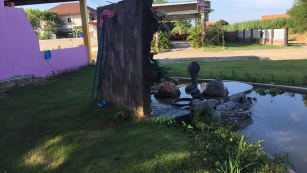A garden with a pond, a wooden structure, and a house in the background. - Plainam Resort (Pranburi)