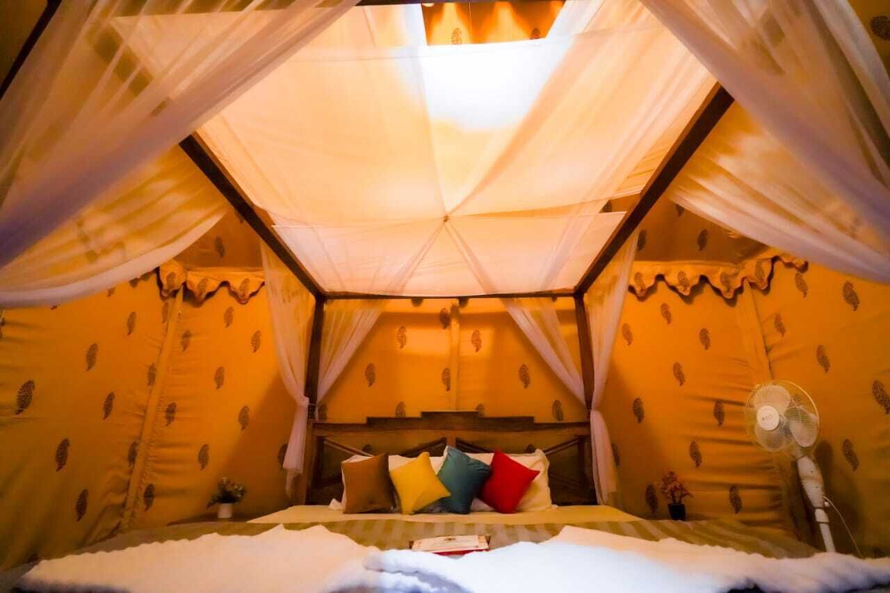 A room with a bed, a fan, and a canopy.