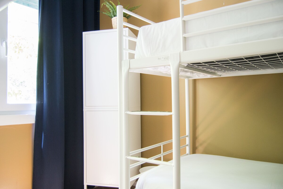 A bunk bed with a white headboard, a small potted plant on top, and a window with curtains.