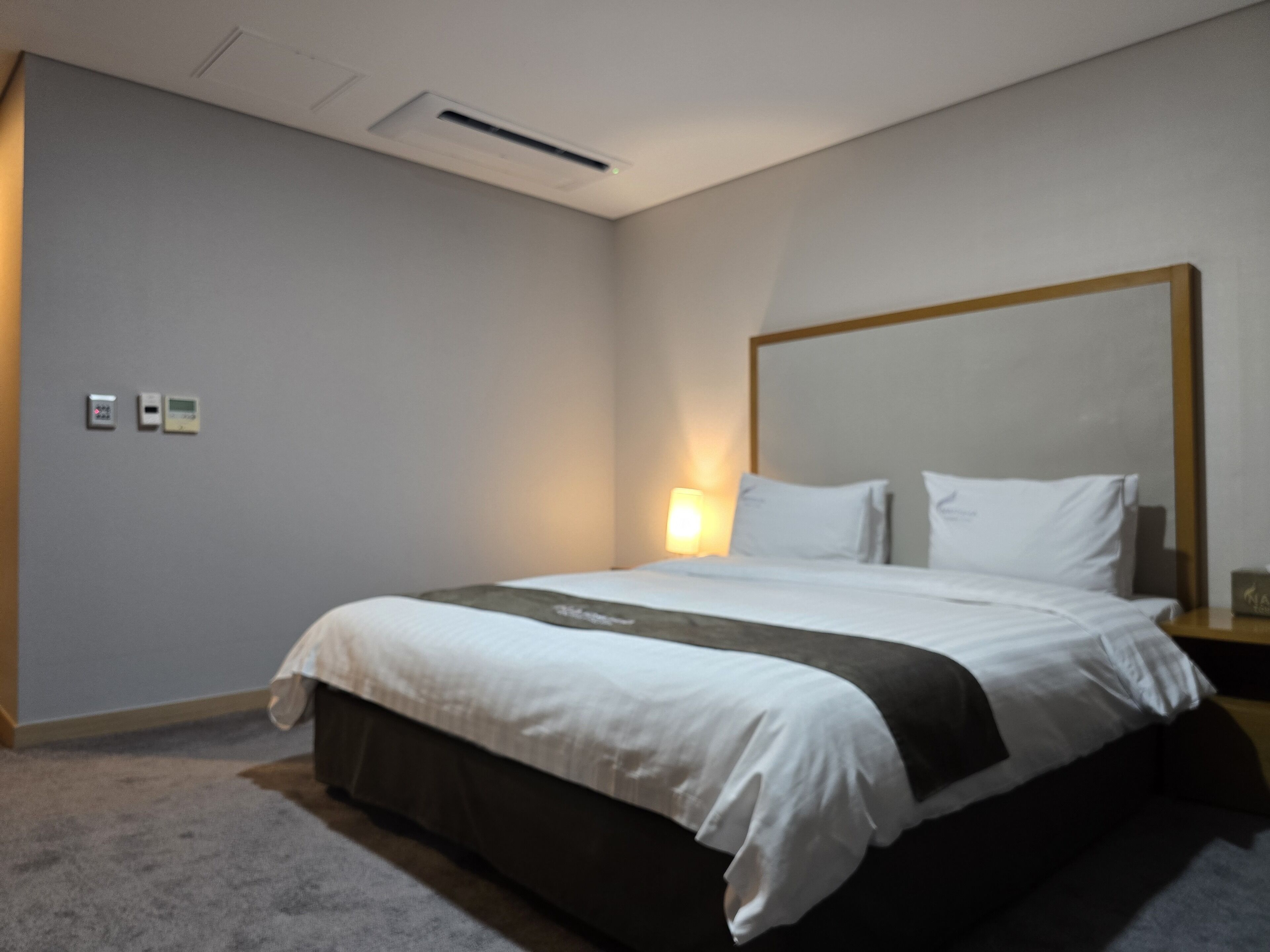 A hotel room with a large bed, a nightstand, a wall-mounted air conditioning unit, and a light fixture.