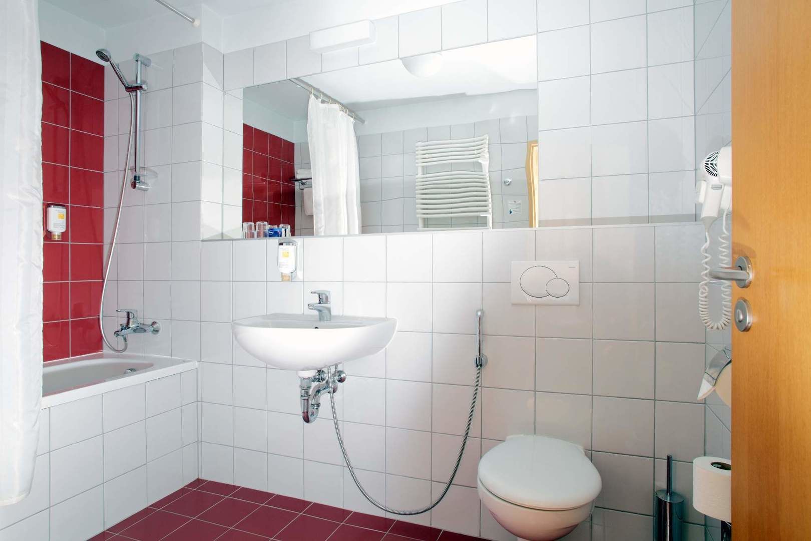 free toiletries, hair dryer, bidet, towels