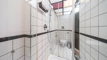 A small, tiled bathroom with a shower, toilet, and a glass partition.