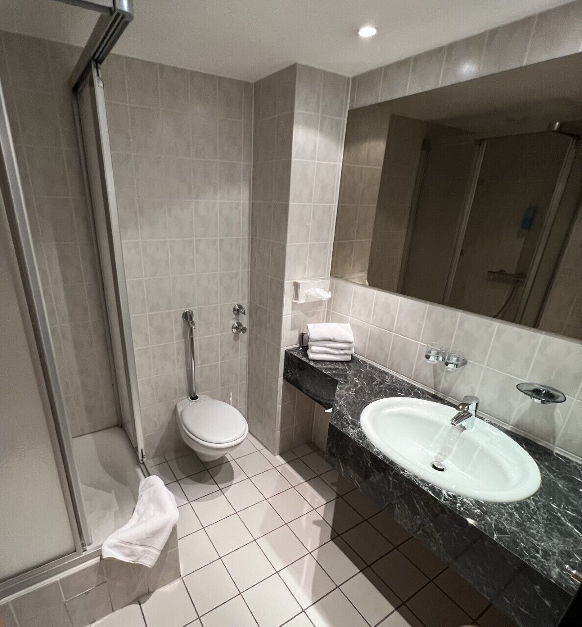 Un bagno moderno con cabina doccia in vetro, un WC, un lavandino con specchio e un porta asciugamani.