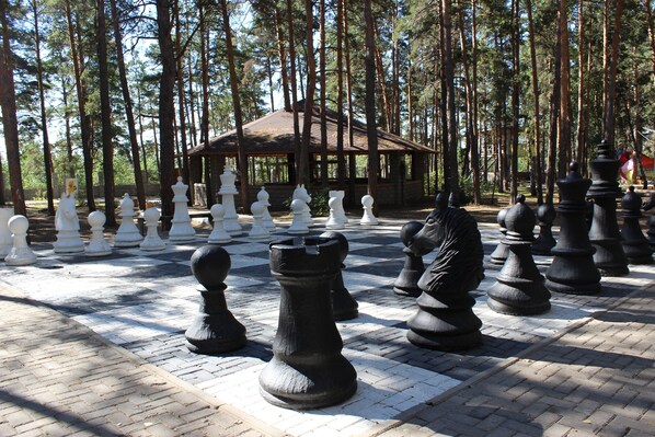 A large outdoor chessboard set up in a forested area with a gazebo in the background. - Discovery Borovoe (Burabay)