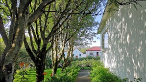A pathway leading to a white building with a red roof, surrounded by lush greenery and trees. - Sólheimahjáleiga Guesthouse (Ytri Sólheimar)