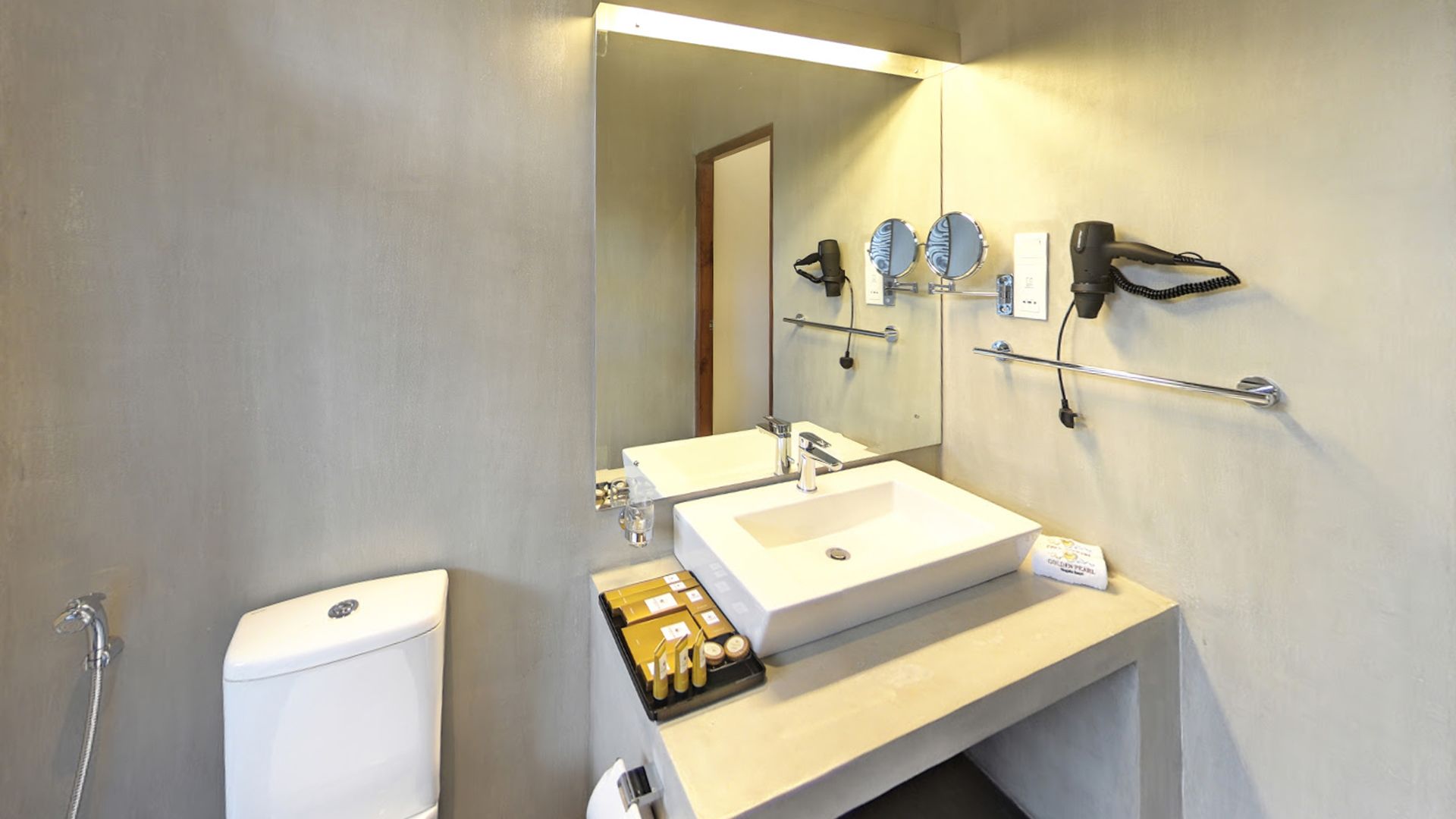 free toiletries, hair dryer, bathrobes, slippers