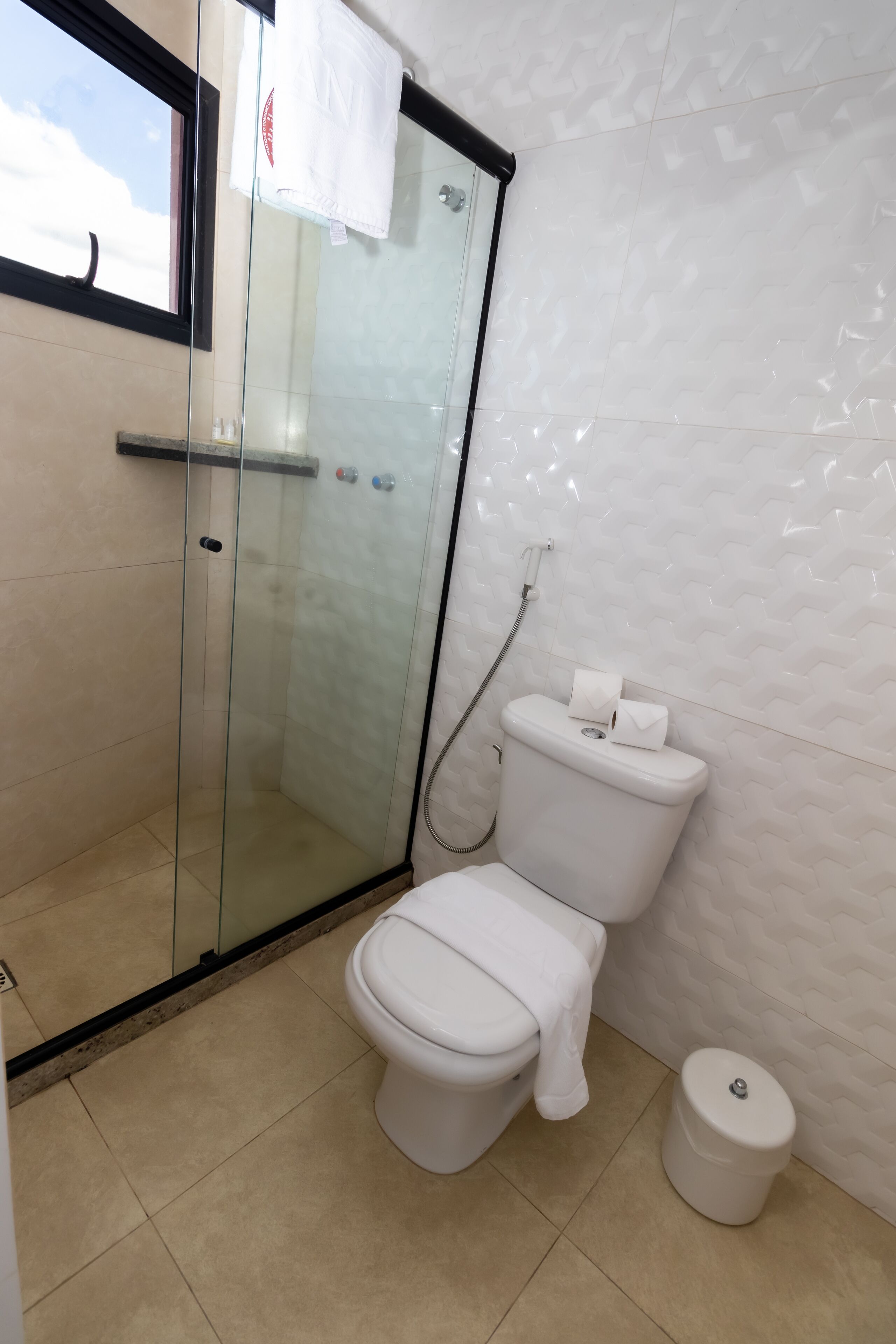 Une salle de bain avec une douche à parois de verre, des toilettes et une poubelle.