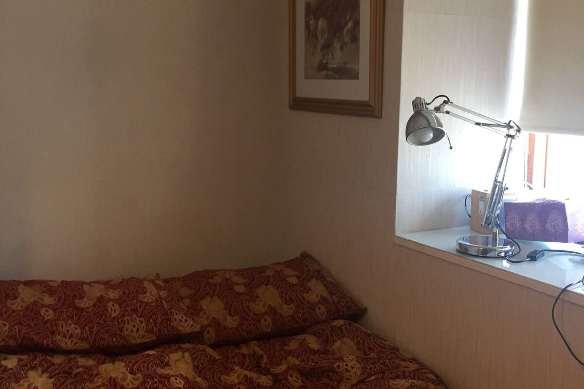 Un dormitorio con una cama, un escritorio con lámpara, un cuadro enmarcado en la pared y una ventana con cortinas.