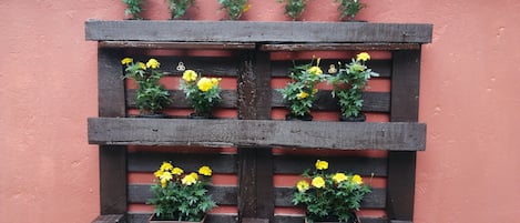 A wooden planter wall with yellow flowers against a red wall.