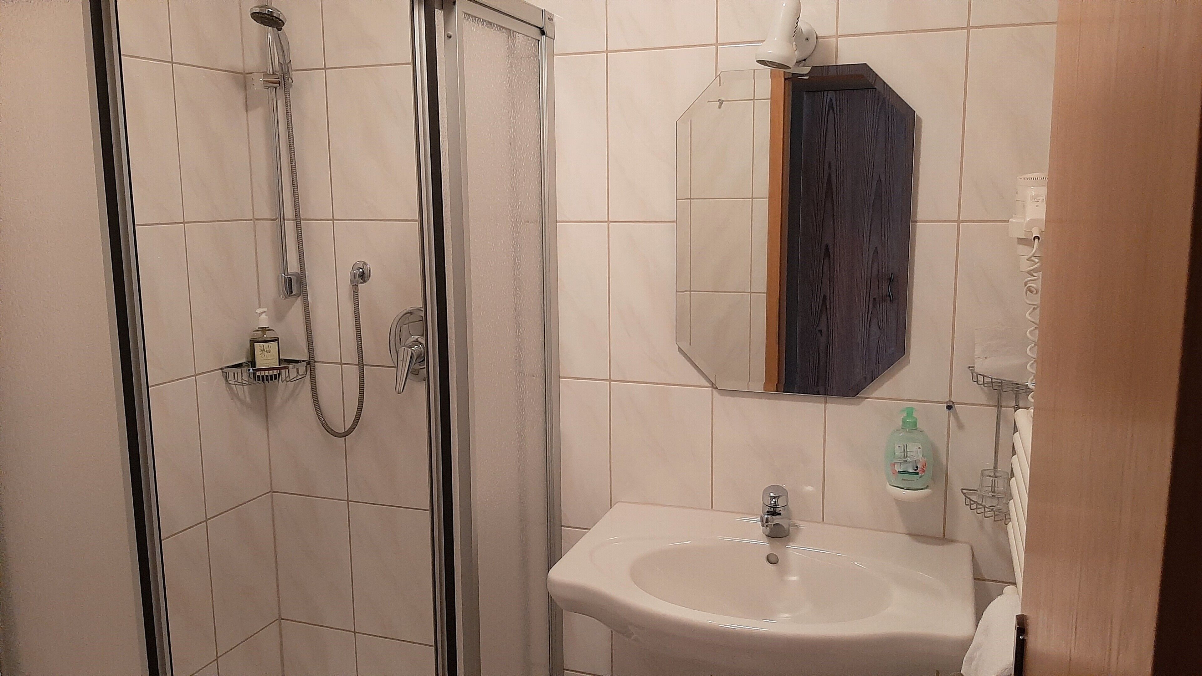 A bathroom with a glass-enclosed shower, a sink, and a mirror.