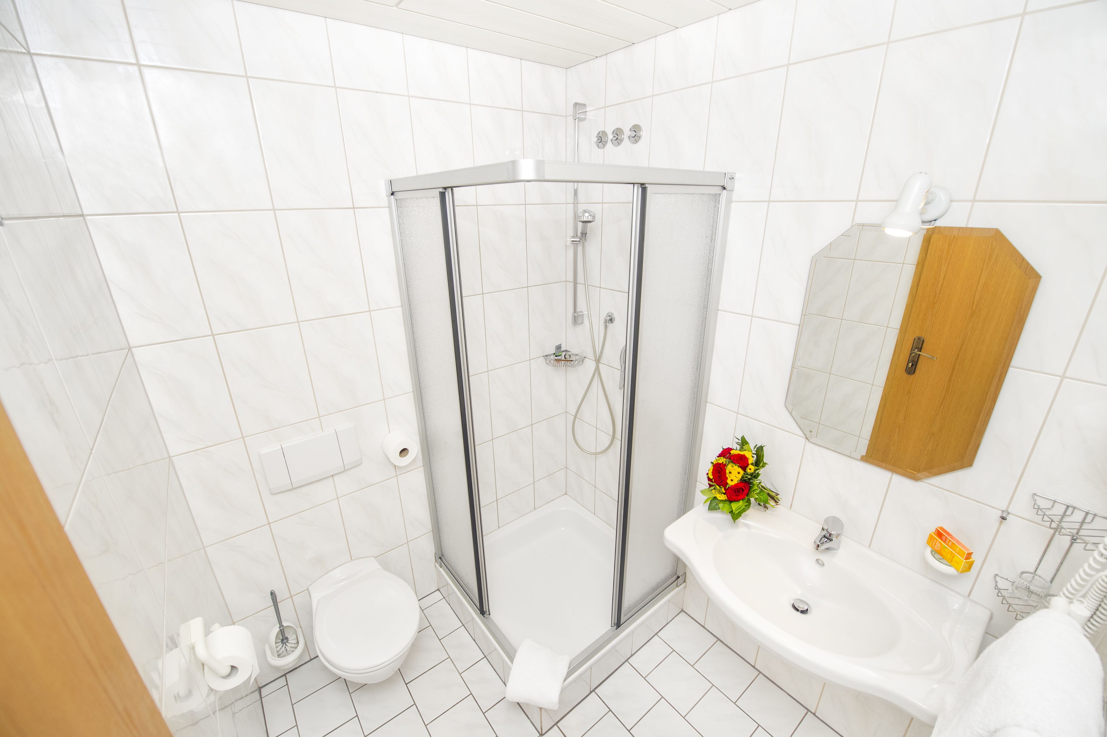 Habitación con 1 cama doble o 2 individuales | Baño | Ducha, secador de pelo y toallas