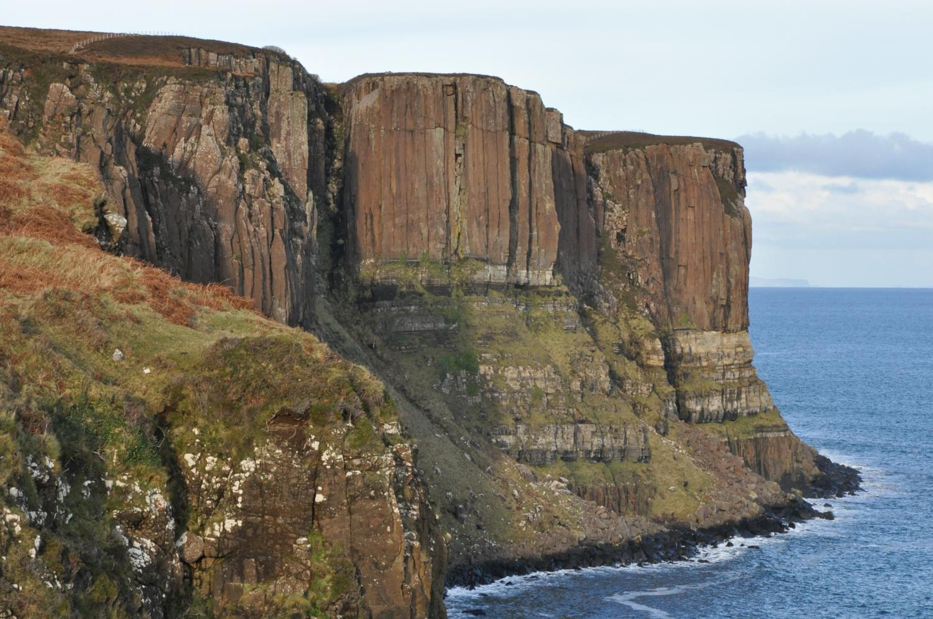 A coastal cliff with layered rock formations and a grassy foreground.