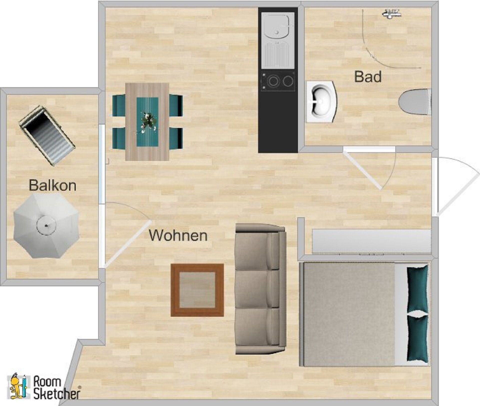 A room layout with a balcony, a bathroom, and a living area.