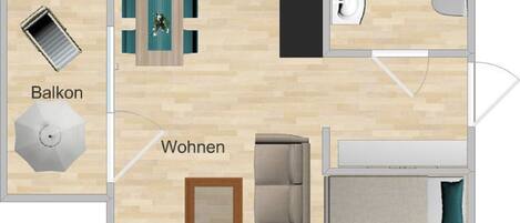 A room layout with a balcony, a bathroom, and a living area.