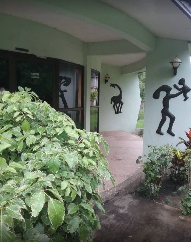 Entrada de un edificio con un camino de hormigón que lleva a una puerta, rodeada de vegetación y decoración mural.