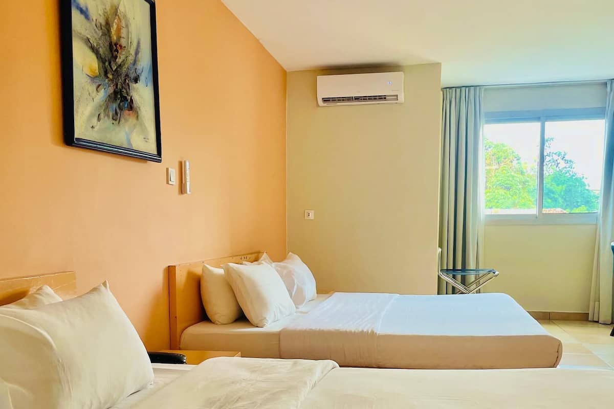 Habitación de hotel con dos camas, un ventanal grande, un equipo de aire acondicionado y un cuadro en la pared.