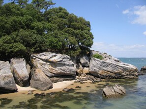 A rocky shoreline with clear water, a sandy beach, and dense green foliage.